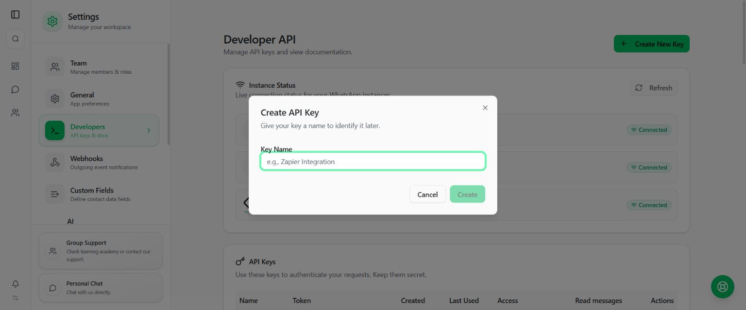 API: Contacts, Chats, Instances & Sesi